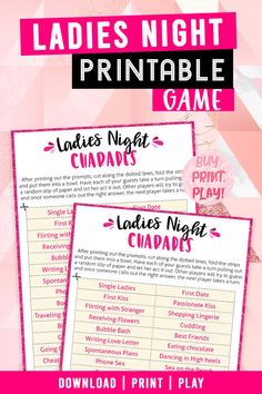 ladies night printable game with pink and black text on the front, two cards in each