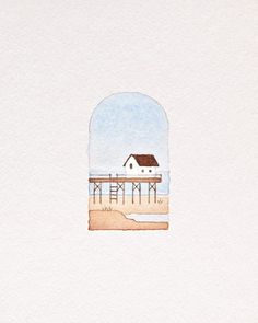 a watercolor drawing of a house on the beach with a lifeguard tower in the background