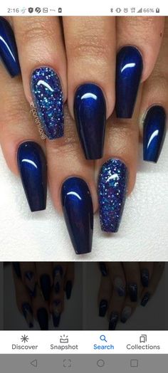 Dark Blue Glitter Nails Almond, Navy Winter Nails Dark Blue, Royal Blue New Years Nails, Dark Blue Acyrilics Nails, Navy Blue Xmas Nails, Acrylic Nails That Go With Navy Blue Dress, Nail Inspiration Dark Blue, Winter Nails 2023 Blue, Prom Nail Inspo Royal Blue