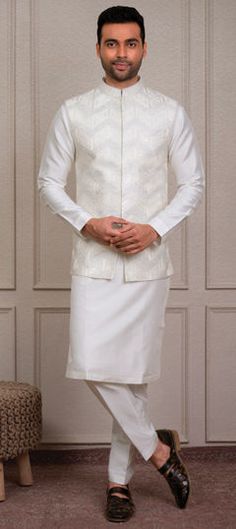 White and Off White color Kurta Pyjama with Jacket in Silk fabric with Embroidered, Thread work White Embroidered Long Sleeve Sets, White Embroidered Nehru Jacket For Spring, White Bandhgala With Stand Collar For Festive Occasions, Luxury White Cotton Silk Nehru Jacket, Festive White Bandhgala With Stand Collar, Spring White Embroidered Nehru Jacket, Spring Embroidered White Nehru Jacket, White Embroidered Kurta With Stand Collar, White Resham Embroidery Nehru Jacket For Spring