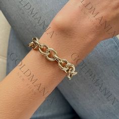 All Our Bracelets Are Made Of REAL 14K GOLD  14K Yellow Gold Chunky Round Link Bracelet With Push Lock Clasp, 12mm Thick, 7.5 mm, Real Gold Bracelet, Women  Shop our 14K Bracelets https://www.etsy.com/shop/GOLDMANIA?ref=seller-platform-mcnav§ion_id=26925987  Shop On Sale items https://www.etsy.com/shop/GOLDMANIA?ref=seller-platform-mcnav§ion_id=1  Metal: 14K Yellow Gold    Width: 12 MM  Length: 7.5 IN  Closure: Push lock Weight: 9.00 Gram  SHIPPED FROM NEW YORK CITY FREE SHIPPING on all orders I Gold Bracelet Women, Real Gold Bracelet, Free Weight, Lock Style, Gold Armband, Chunky Bracelets, Bracelet Women, Gold Paper, Yellow Gold Bracelet