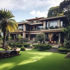 a large house sitting on top of a lush green field next to trees and bushes