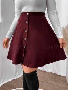 Style:Casual \nType:Flared \nDetails:Button Front \nColor:Burgundy \nPattern Type:Plain \nWaist Line:High Waist \nLength:Short \nTemperature:Spring/Fall (18-25℃/63-77℉) \nFit Type:Regular Fit \nFabric:Non-Stretch \nMaterial:Fabric \nComposition:100% Polyester \nCare Instructions:Machine wash or professional dry clean \nSheer:No \n Skirt Casual, Plus Size Skirts, Casual Skirts, Casual Everyday, A Line Skirt, A Line Skirts, Style Casual, Everyday Wear, High Waist