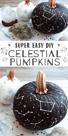 two pumpkins with stars painted on them and the words super easy diy celestial pumpkins