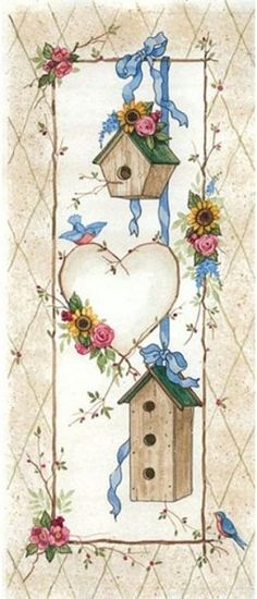 a birdhouse with flowers and birds hanging from it's sides in the shape of a heart