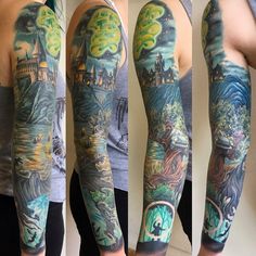 three different views of the same sleeve and arm with tattoos on each half - sleeve