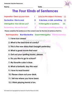 the four kinds of sentences worksheet with answers and examples for students to use