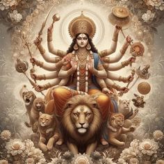 the goddess sitting on top of a lion surrounded by other animals