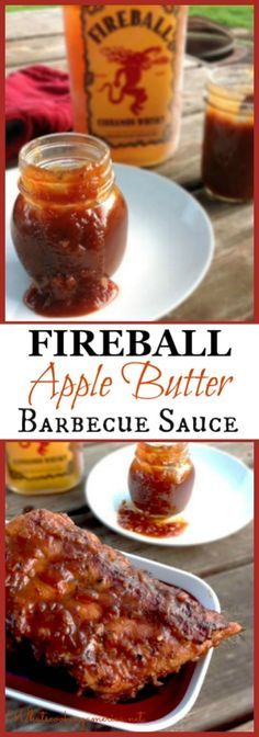 the cover of fireball apple butter barbecue sauce is shown in three different images, with two