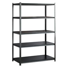 four tiered shelving unit with black shelves on each side and one shelf in the middle