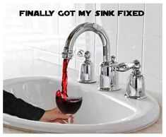 a woman drinking from a faucet in a bathroom sink with the caption, finally got my sink fixed