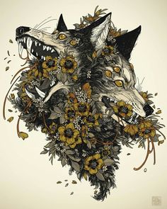 a drawing of a wolf surrounded by flowers