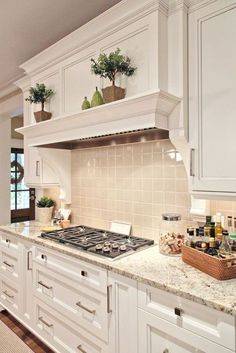 a kitchen with white cabinets and marble counter tops is pictured in this image, there are two potted plants on the stove