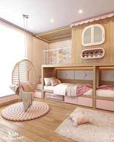 a bedroom with bunk beds and pink furniture