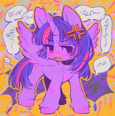 a drawing of a pony with purple hair and angel wings on it's head