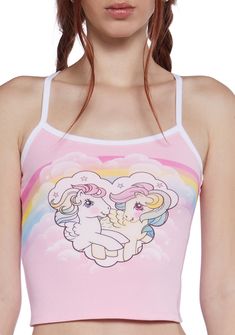 cuz fly on a cloud with this pony! This tank top has a ribbed construction, contrast colored spaghetti straps, a racerback design, a cropped fit, an embroidered My Little Pony logo on the back, and a Starshine cloud rainbow heart graphic on the front. Cutecore Room, Colored Spaghetti, Pastel Harajuku, Manifest Board, Cloud Rainbow, Kitty Clothes, Fairy Dresses, Skirts With Boots, Y2k Vibes