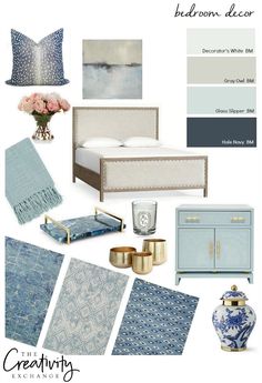 blue and white bedroom decor with gold accents