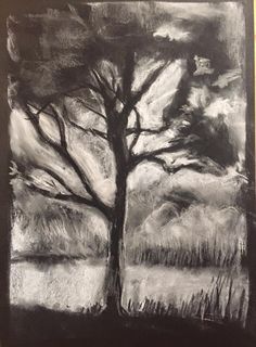 a black and white drawing of a tree in the middle of a field with clouds