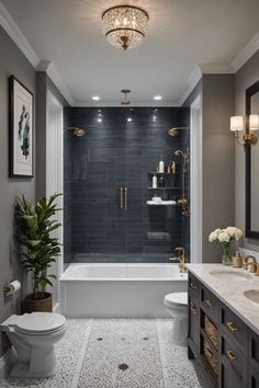 a bathroom with gray walls and white fixtures