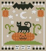 a cross stitch pattern with a cat and pumpkins