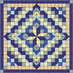 a blue and yellow quilt with an intricate design on the front, in square shape