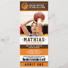 an orange and brown basketball ticket for a birthday