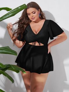 Summer Beach Plus Size Plain Drawstring Swim Dress Black   Short Sleeve  Plain  High Stretch  Women Plus Clothing, size features are:Bust: ,Length: ,Sleeve Length: Plus Size Bade, Tropical Fashion, Plus Size Swim, Beach Outfits, Plus Size Swimsuits, Swimsuits For All, Plus Size Kleidung, Plus Size Swimwear, Swim Dress