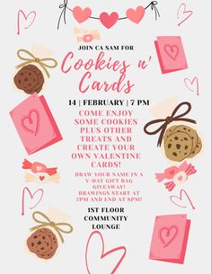 a poster for cookies and cards is shown in pink, with hearts on the side