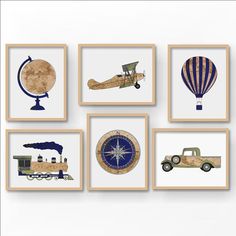 six framed pictures with different types of transportation