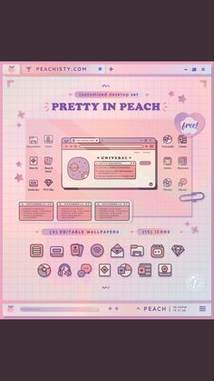 a computer screen with the words pretty in peach written on it and various icons below