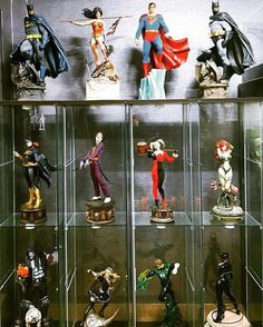 many figurines are displayed in glass cases on the wall, including batman and robin wayne