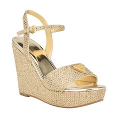 PRICES MAY VARY. Feel flashy in the Hippa wedge by Guess, which is adorned by clear stones allover and a Guess triangle hardware piece on front band. Almond/Open Toe Buckle Closure 4.33" heel height ; 1.38" platform height Gold Satin, Kids Trend, Heeled Sandal, Mens Trends, Clear Stone, Sandal Fashion, Wedge Sandal, Outdoor Accessories, Back To Black