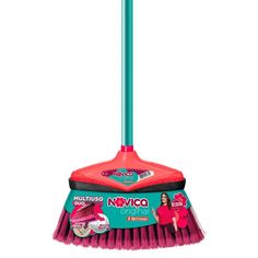 the mop is pink and blue with a woman in red dress on it's head