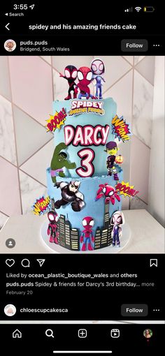 the birthday cake is decorated with cartoon characters