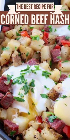 the best recipe for corned beef hashbrowns in a skillet with sour cream on top