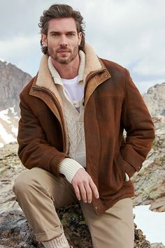 click to expand Men’s Mountain Fashion, Hunter Jacket Outfit Men, Winter Outfits Men Cold Weather Snow, Masc Clothes, Adventurous Men, Sheep Skin, Sheepskin Coat, Mens Winter Coat, Winter Outfits Men