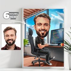 a caricature of a man sitting in front of a computer monitor and smiling