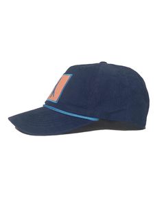 a blue hat with an orange patch on the front