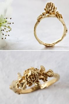 Gold succulent ring for jewelry and plant lovers. Hand-sculpted in stunning details, this 14K gold filled ring features a succulent inspired by the artichoke family. The intricate details make this ring a unique gift idea for her birthday or anniversary. #botanticaljewelry #flowerring #jewelrylovers #carvedring #giftforher #succulentring Handmade Gold Flower Ring Nature-inspired, Handmade Gold Flower Ring, Nature-inspired, Nature-inspired Yellow Gold Flower Ring For Gift, Unique Recycled Gold Wedding Jewelry, Nature-inspired Yellow Gold Flower Ring As Gift, Nature-inspired Yellow Gold Flower Ring Gift, Wedding Jewelry In Recycled Gold, Unique Wedding Jewelry In Recycled Gold, Nature-inspired Yellow Gold Flower Ring