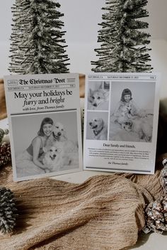 two christmas trees with pictures on them next to each other and pine cones in the background