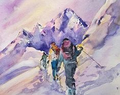 watercolor painting of people hiking up the side of a mountain