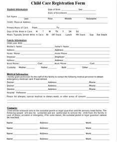 the child care registration form is shown