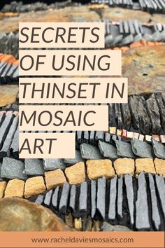 image shows a detail from a mosaic made with slate and stone. The text overlaid reads 'Secrets of using thinset in mosaic art' Diy Mosaic Ideas, Mosaic Countertop, Vitromosaico Ideas, Mosaic Designs Pattern, Mosaic Drawing, Stone Mosaic Art, Mosaics Ideas