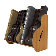 the guitar case is made out of wood and has six different types of guitars in it