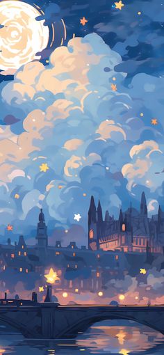 a painting of a city at night with the moon in the sky and stars on the clouds