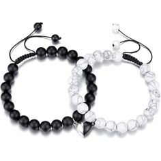 About This Item Matching Bracelets For Couples - This Couples Bracelets Comes With A Heart Which Will Attract Each Other And Stick Together When They Are Closed. It's Just Like Two People Who Hand In Hand And Heart In Heart. So Those Bracelets Are Very Suitable For Lovers, Friends And Family Members. Energy Beads Bracelet For Him/Her - The Black Beads Are Matte Agate Stone, Shows His Masculine And Energy, Could Help To Release Stress And The White Beads Are White Howlite, Shows Her Pureness And Adjustable Heart Bracelet With 8mm Round Beads, Matching Bracelets For Couples, Bracelets For Couples, Bracelet For Him, Relationship Bracelets, Couples Bracelets, Braided Rope Bracelet, Natural Stone Beads, White Howlite