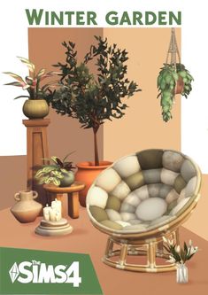 an image of a chair and potted plants in the living room with text overlay that reads winter garden