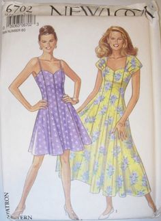 two women's dresses are shown on the front and back of this sewing pattern