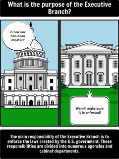 the white house is shown with an oval speech bubble above it that says, what is the purpose of the executive branch?