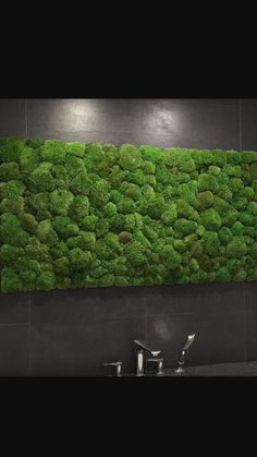 a large moss wall in a bathroom next to a faucet sink and mirror